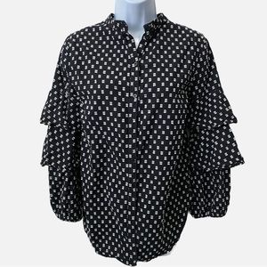 Black and White Mandarin Collar, Tiered Bishop Sleeve Top